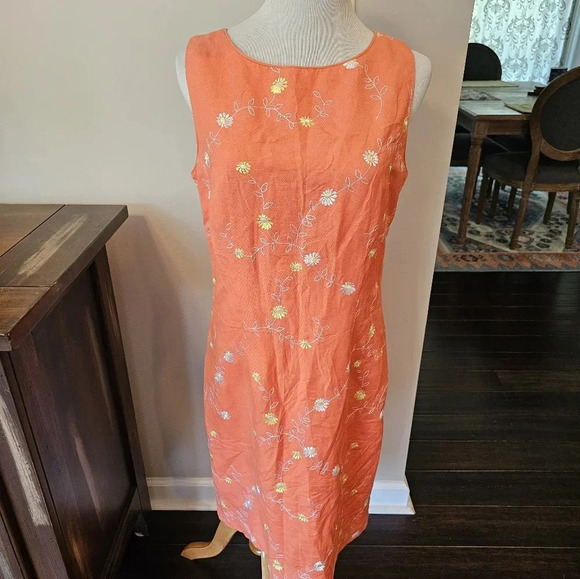 Coldwater Creek Size 10• Orange Floral Daisy Embroidered Shift Linen Blend dress - Picture 1 of 11